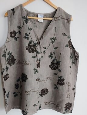 Vintage Hot Cotton Linen Gray Floral Vest Marc Ware Bonne Fête Party Artsy